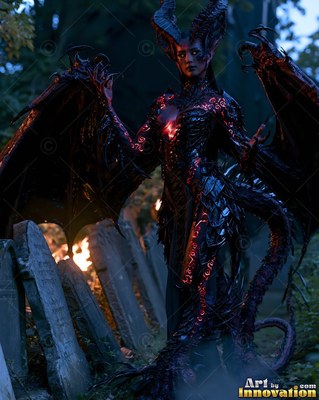 Red markings run down a horned, winged demon woman walking in a night graveyard