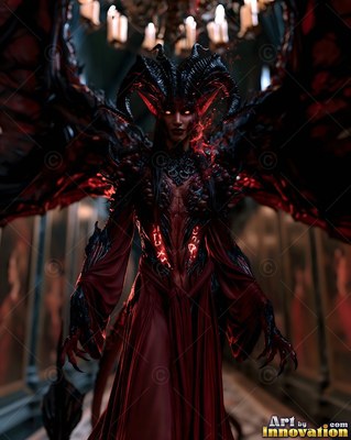 A horned winged woman walks forward with red light shining on her dark gown