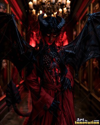 Standing demon woman in a red gown under a chandelier