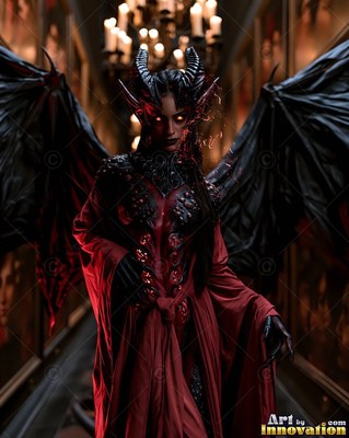A horned woman in a red gown stands with black wings in a dark hallway