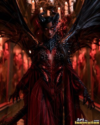 In a dark hall, a winged horned woman walks forward in a red gown