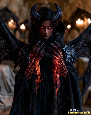 Raising fiery hands, a horned woman with black wings stands in warm candlelight