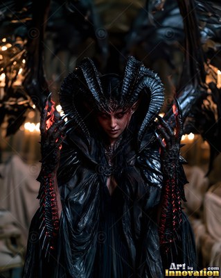 Horned winged woman in black robes raising her fiery hands