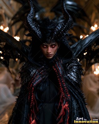 Curved black horns frame a winged woman in a dark cloak before candlelit walls