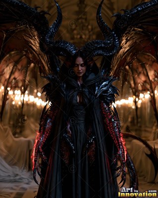A demon woman stands with raised wings before blurred candle flames