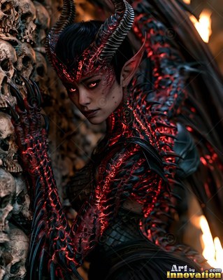 Leaning against a wall of skulls, a woman with horns with red scales