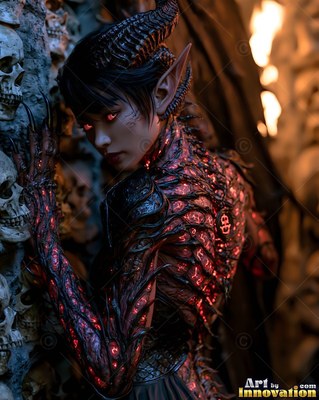 A demon woman with horns in black armor turns her red eyes toward a wall of skulls