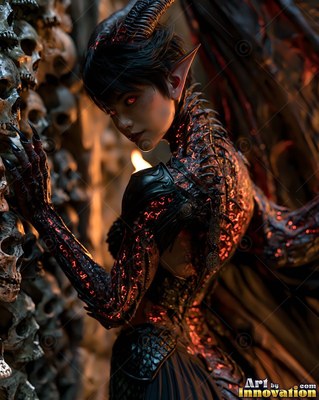 Beside a wall of skulls, a horned demon woman in dark armor turns her head