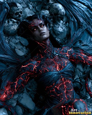 Demon woman with horns lying on rocks with skulls in blue light