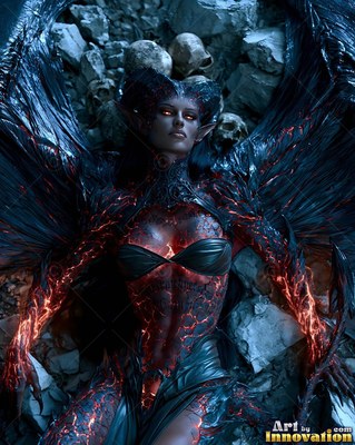 Cracked red skin covers a horned woman who rests with dark wings across a pile of gray rocks and skulls