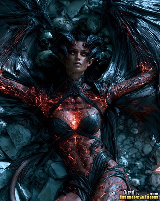 A woman with a pair of horns lies back with dark wings spread across cold blue rocks