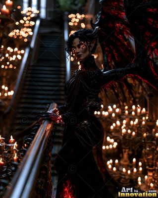 Standing on a dark staircase by candles, a winged woman looks back