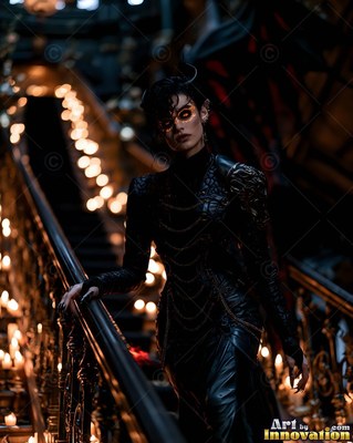 A demon woman with horns in black leather walks down a dark candlelit staircase