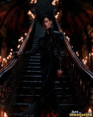 On a dark wooden staircase, a woman with a pair of horns in black stands near candlelight