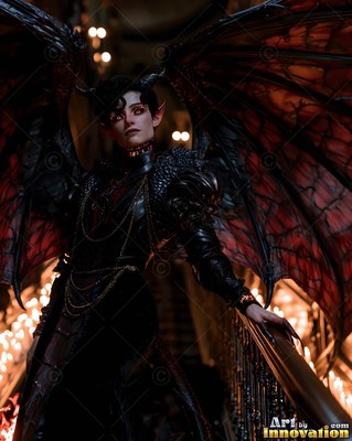 Standing on a dim staircase, a demon woman spreads wide red wings