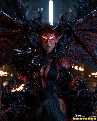 Demon woman with horns with black wings sits on a throne by candlelight