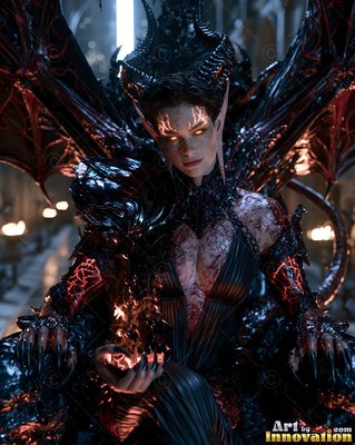 Curved horns rise from a demon woman seated on a dark throne in a hall of candles