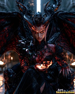 A woman with wings and horns sits on a dark throne holding fire in her palms under dim light