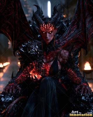 Seated on a dark throne, a horned winged demon woman holds red flame in a dim hall