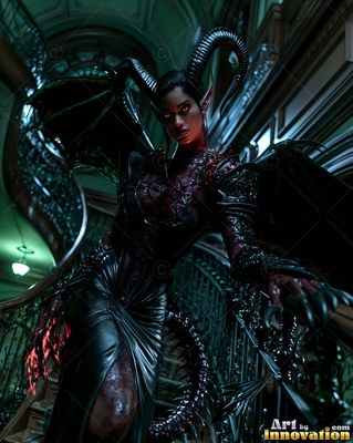 A horned demon woman in a dark dress walks down a spiral staircase