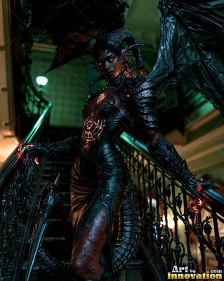 On a dark staircase, a horned demon woman in black armor leans on the railing