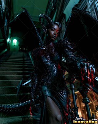 Demon woman with horns in black leather on dark stairs
