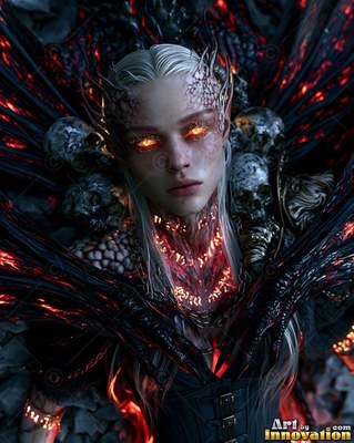 A winged demon woman stares ahead from among dark skulls with fiery orange light on her chest