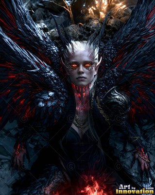 Seated straight ahead in a dark cavern, a pale winged woman has fiery eyes