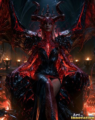 A woman with horns and wings in black armor sits on a throne surrounded by fire