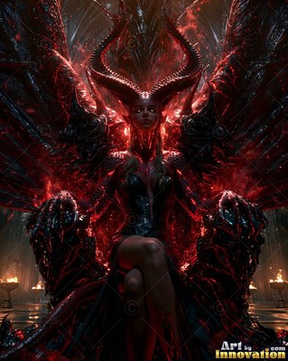 Sitting on a dark throne, a woman with wings and horns rests in red firelight