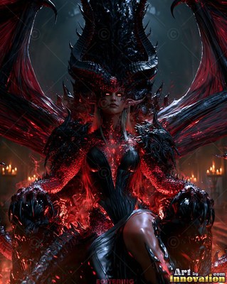 Horned winged woman sitting on a dark throne near candles