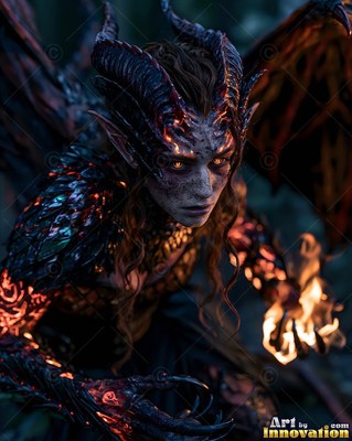 Curved black horns crown a horned woman with wings holding fire in a dark forest