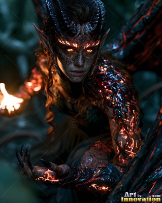 A demon woman crouches forward, holding bright fire that shines orange in the dark