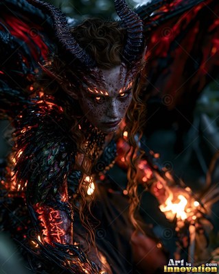 Crouching forward in the dark woods, a demon woman with horns holds fire in black claws