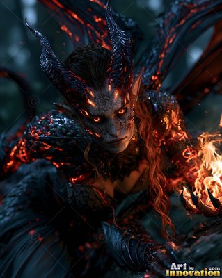 A horned demon woman holds fire in her clawed hand in the dark woods
