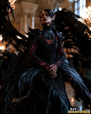In a ballroom, a horned woman with black wings stands in a dark gown