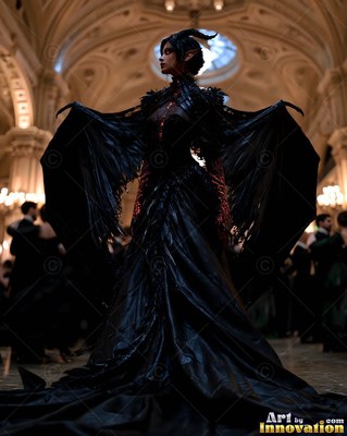 Spreading bat wings, a horned woman in a black gown stands in a ballroom