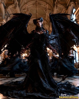 Woman with a pair of horns with large wings standing in a black dress in a ballroom