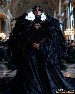 Black feathered wings fold behind a woman with a pair of horns standing in a dim, candlelit ballroom