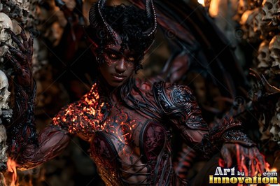 A woman bearing horns sits among human skulls as orange light shines across her shoulder