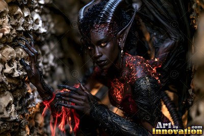 Crouching beside a skull wall, a demon woman with horns stares forward with yellow eyes