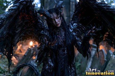 In a dark graveyard, a woman bearing horns with black feathered wings opens her hands