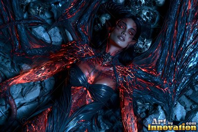 Horned winged woman lying on a bed of skulls with red veins