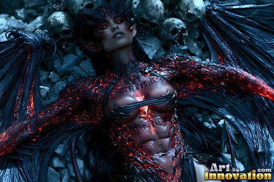 Demon woman with horns with cracked black skin resting on a pile of gray skulls