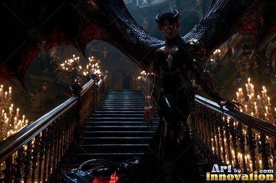 A woman with horns with huge bat wings walks down dark stairs lit by candles
