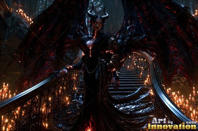 On a candlelit staircase, a winged demon woman in a black gown stands tall