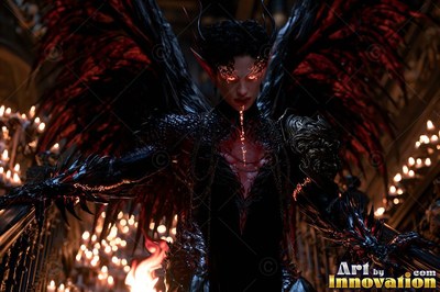 Standing in a dark hall, a demon woman with wings reaches forward in black armor