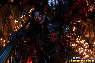 Demon woman with black wings sitting in a candlelit room