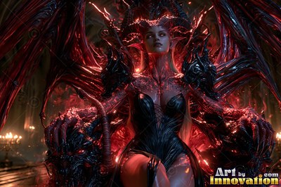 A woman with horns in a black corset sits on a dark throne in a candlelit room