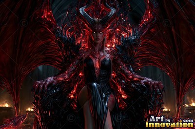A winged woman with horns sits on a dark throne lit by deep red firelight